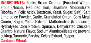 ingredients label for Cilantro Lime Panko Bread Crumbs