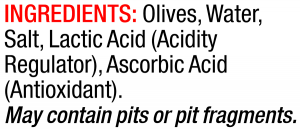 ingredients label for Pitted Castelvetrano Olives