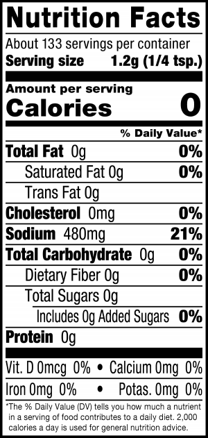nutrition label for Himalayan Pink Salt Grinder
