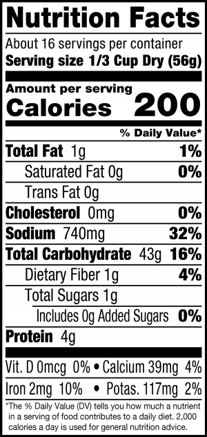 nutrition label for Yellow Rice U-Select Jug