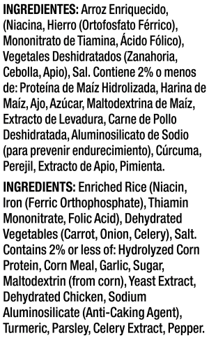 ingredients label for Roasted Chicken Flavored Rice