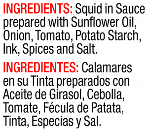 ingredients label for Calamares in Ink Sauce