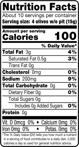 nutrition label for Pitted Castelvetrano Olives