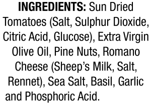 ingredients label for Sun Dried Tomato Pesto