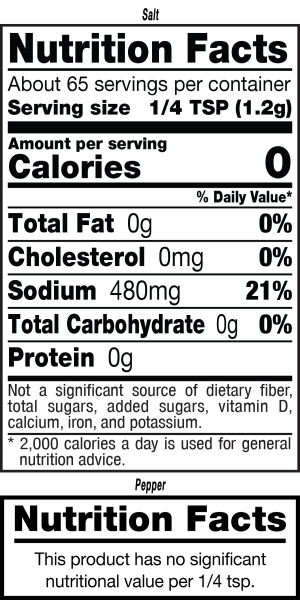 nutrition label for University of Georgia® Salt & Pepper Grinder Display