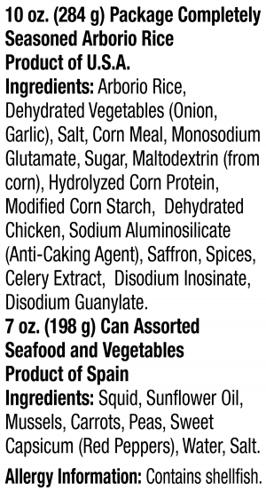 ingredients label for Frutti di Mare Saffron Risotto