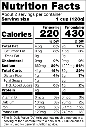 nutrition label for Vigo 90 Second Yellow Rice