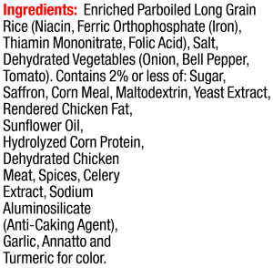 ingredients label for Yellow Rice U-Select Jug