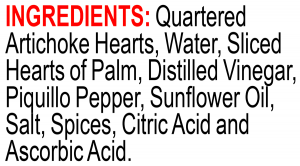 ingredients label for Marinated Hearts of Palm & Art Salad Mix