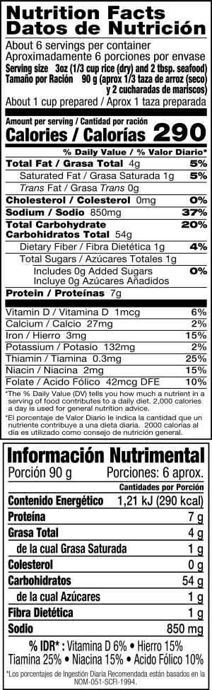 nutrition label for Paella Valenciana